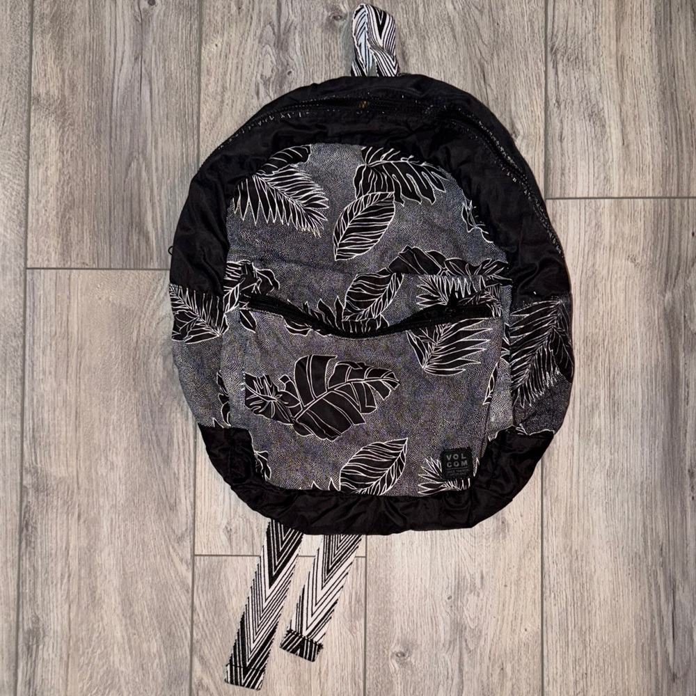 Volcom Black and Gray Leaf Print Backpack